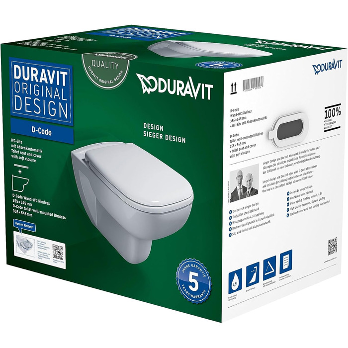 Комплект для унітазу Duravit D-Code, підвісний унітаз, сидіння для унітазу з механізмом плавного закриття, унітаз з відкритим ободом змиву, білий