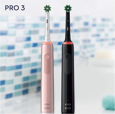 Електрична зубна щітка Oral-B Pro 3 3900, 2 шт. и, з 2 акумуляторними ручками, технологія Braun, 2 змінні головки, видимий датчик тиску, рожевий/чорний