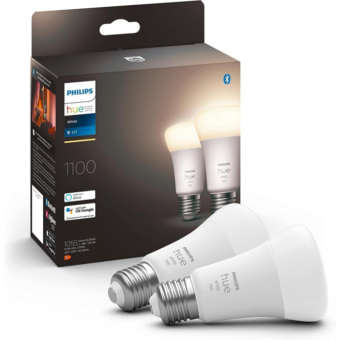 Світлодіодна лампа Philips Hue White E27 (806 лм), світлодіодна лампа з регулюванням яскравості для системи освітлення Hue з теплим білим світлом, інтелектуальне керування освітленням за допомогою голосу та програми (1100 люменів, 2 шт. и (1 упаковка))