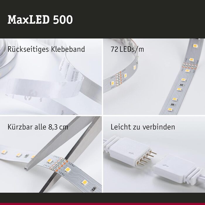 Світлодіодна стрічка MaxLED 500 Розумний дім Bluetooth Tunable White в т.ч. 47 Вт із затемненням сріблястого пластикового світлодіодного ремінця 3000 K (базовий набір, 10 м, 6500 К), 70565