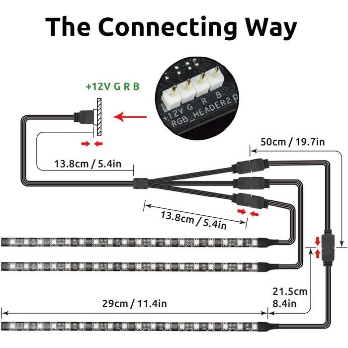 Внутрішнє освітлення RGB світлодіодна стрічка Керування материнською платою, 12 В 4-контактний RGB, сумісний з Asus Aura, Asrock RGB Led, Gigabyte RGB Fusion, MSI Mystic Light, 30 см 3 смужки Rgb