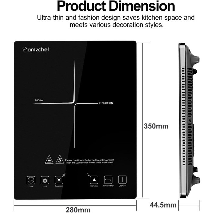 Індукційна варильна поверхня, одинарна індукційна плита AMZCHEF з ультратонким дизайном, 20 рівнів температури та 20 налаштувань потужності, індукційна варильна поверхня 2000 Вт 1 плита, таймер на 3 години, замок безпеки 2000 Вт срібло