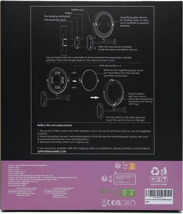 Зі світлодіодним підсвічуванням зі збільшенням 1-/10X, дзеркало для макіяжу з можливістю затемнення та батареєю сенсорного перемикача, дзеркало для гоління двостороннє настінне кріплення на 360 для ванної кімнати, спа та готелю 10-кратна батарея