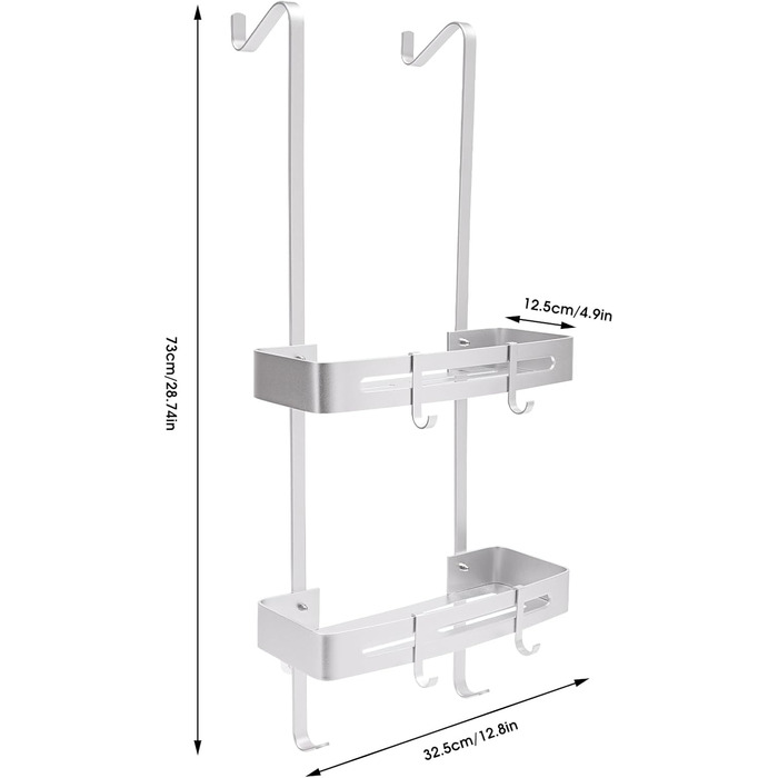Ярусна полиця для ванної кімнати, 32.5*12.5*73см Підвісна душова полиця з 6 гачками, Для дверей з максимальною товщиною 5см, Навантаження 10кг, сріблястий 32.5*12.5*73см сріблястий, 2-