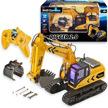 Гусеничний екскаватор Revell Control 24924 RC Digger 2.0, ланцюговий привід, змінні лопата і захват для дерев, підходить для використання на відкритому повітрі, акумуляторна батарея Екскаватор з дистанційним керуванням, 2,4 ГГц, жовтий Екскаватор 2.0