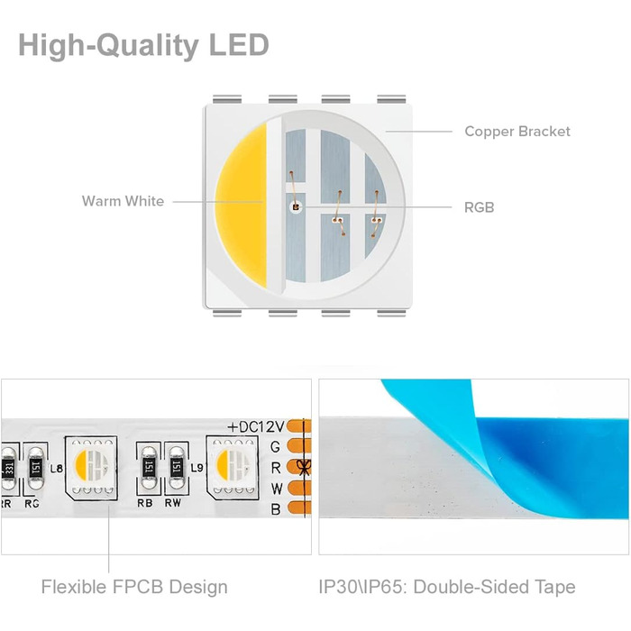 Теплий білий (2700K-3000K) 4 кольори в 1 Світлодіод 5м 60 світлодіодів/м Багатобарвна світлодіодна стрічка IP65 Силіконове покриття Водонепроникна біла друкована плата DC12V для прикраси інтер'єру RgbТеплий білий 4 кольори в 1 IP 65, 5050 RGBW RGB