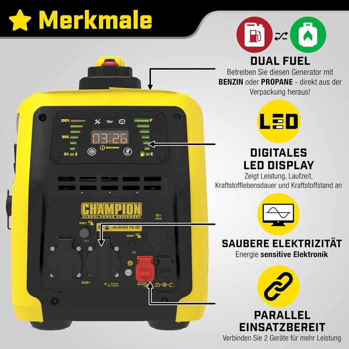 Генератор електрообладнання Champion Бензин Газ (2000 Вт, Електроінвертор, Генератор з LED дисплеєм, Двопаливний, Ультра тихий) 8200i-E-DF-EU, жовтий