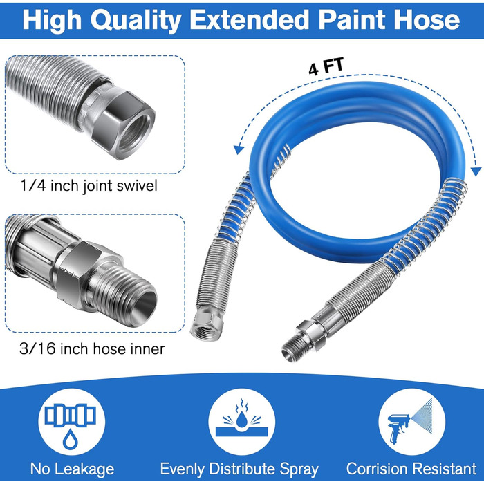 Безповітряний шланг для розпилення фарби Enhon довжиною 1,2 м, сумісний з Graco 247338, шланг для розпилення фарби високого тиску 3/16 дюйма, гнучкий подовжений шланг для фарбування стін 3000 PSI