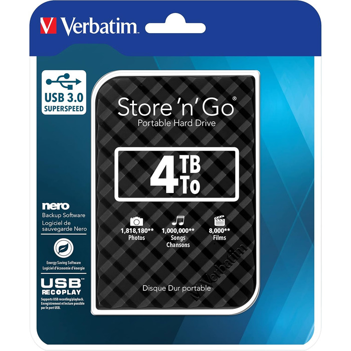 Портативний жорсткий диск Verbatim Store 'n Go, 4 ТБ, чорний, зовнішній жорсткий диск, USB 3.0, зовнішній жорсткий диск, для Windows і Mac OS X, портативний жорсткий диск, поверхня жорсткого диска USB рифлена 4 ТБ чорний