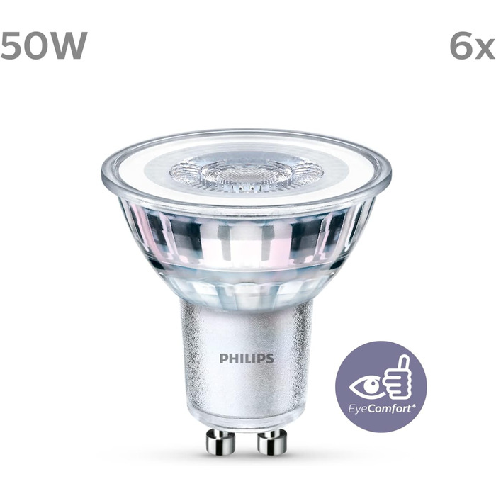 Лампи Philips LED Classic GU10 Warm Glow (50 Вт), світлодіодні плями з рефлектором з регулюванням яскравості та теплим білим світлом, енергозберігаючі лампи з тривалим терміном служби (50 Вт, упаковка з 6 шт. , не затемнюється)