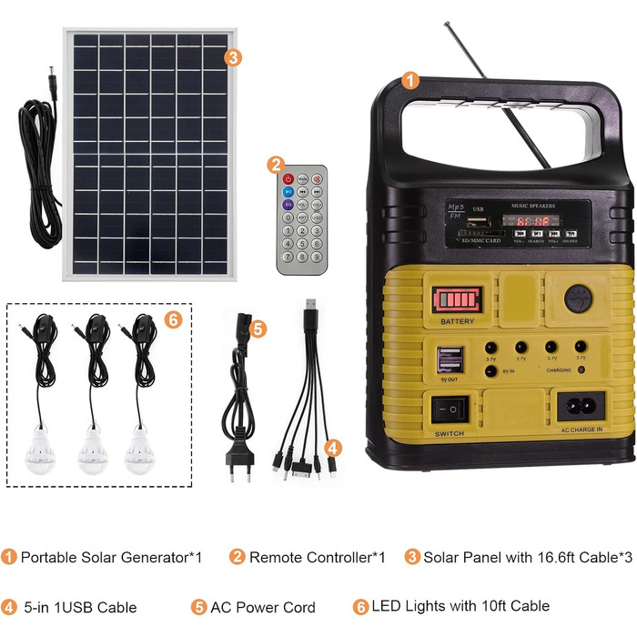 Портативна електростанція сонячного генератора Kyaoayo з сонячною панеллю та світлодіодними лампами, з функцією радіо Bluetooth MP3, для екстреної риболовлі на відкритому повітрі Camping House Hunting Travel (жовтий)