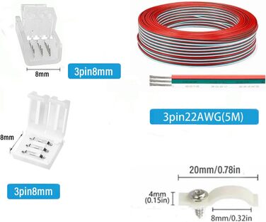Світлодіодна стрічка Amefil, 3-контактна, 8 мм, водонепроникна, кольорове світло 3 PinRGB, з подовжувачем, 22AWG для 12/24 В, 50503528 RGBW світлодіодне світло.