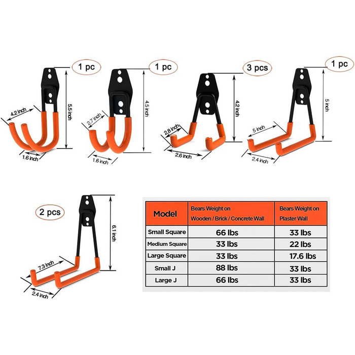 Гачки для гаража, подвійні гачки для зберігання в гаражі, багаторозмірний важкий залізний настінний тримач для інструментів для домашнього крісла, драбина, організація електроінструментів гаражні гачки помаранчевий 10 шт.