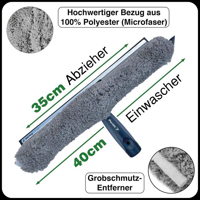 Професійний комбінований склоочисник FenWi 35/40 см з чохлом для швабри з мікрофібри Window Squeegee & Washer та 2 шт. Rubber Lip (жорсткий та м'який)
