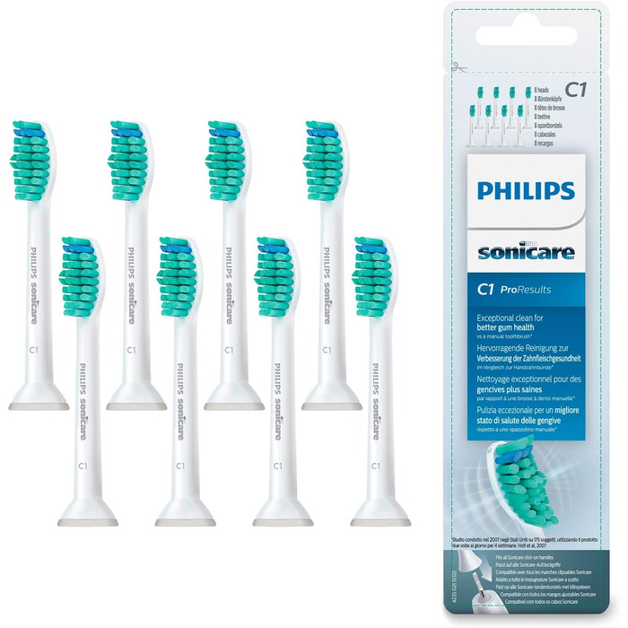 Оригінальні насадки для звукових зубних щіток Philips Sonicare ProResults Standard - 8 упаковок білого кольору (модель HX6018/07) 8 шт. (1 упаковка) 8 шт. Стандартна упаковка