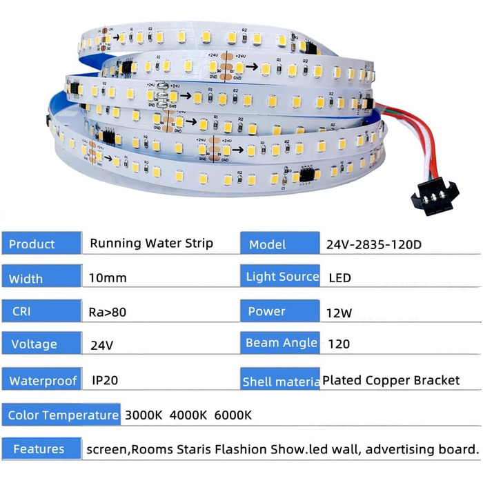 Світлодіодна стрічка для кінних перегонів 2835 120Led/м 10м/рулон Проточний водоплавний ліхтар 3000K 4000K 6000K, бездротовий контролер, DC24V 200W Потужність (теплий білий 3000K), 24V WS2811