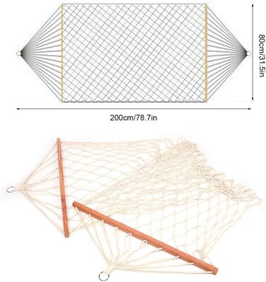 Сітчастий гамак, Гамак з бавовняної мотузки для 1 людини, Садовий гамак з дерев'яною палицею для двору, Патіо, Пляж білий