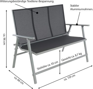Садова лавка Паркова лавка Рама Алюмінієве покриття Текстиль 119x96x66 см 2-місна алюмінієва лавка Лавка Сад колір Покриття Чорний Рама Світло-сірий