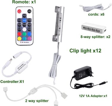 Набір світлодіодного скляного підлогового освітлення AIBOO з 12 шт. , світлодіодні затискачі RGB для зміни кольору світлодіодного освітлення вітрини, світлодіодне освітлення шафи з пультом дистанційного керування