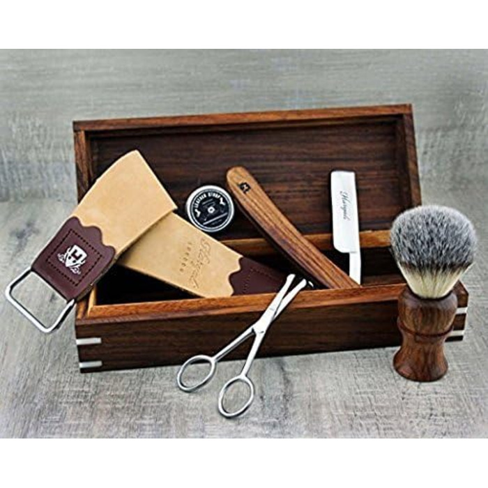 Повний набір для гоління Rosewood Old Style Classic Barber - вінтажне гоління - Пряма бритва, шкіряні ремінці, синтетична щітка для борсука, ножиці для догляду за носом і коробка для гоління з палісандра