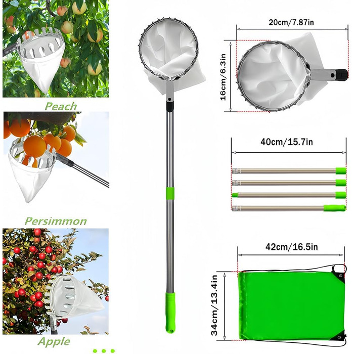 Збирач яблук з телескопічною ручкою, збирач фруктів з легкою телескопічною жердиною з нержавіючої сталі та кошиком, легко збирається, збирач фруктів, для досягнення важкодоступних місць на фруктових деревах, 4.2M