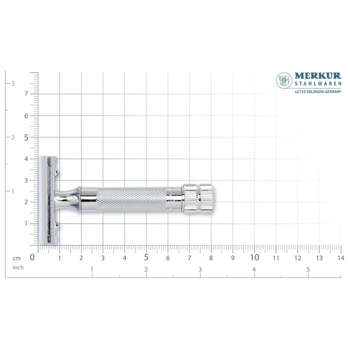 Безпечна бритва MERKUR 34C Компактна ручка Gloss Chrome Бритва з трьох частин з прямим зрізом Закритий гребінець Ідеально підходить для вологого гоління Цинкове лиття під тиском Латунна рукоятка Зроблено в Німеччині