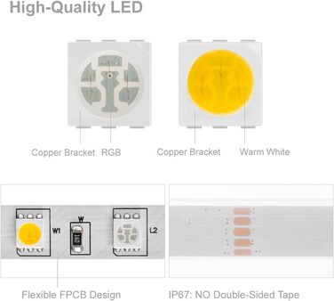 Теплий білий (2700K-3000K) 4 кольори в 1 Світлодіод 5м 60 світлодіодів/м Багатобарвна світлодіодна стрічка IP65 Силіконове покриття Водонепроникна біла друкована плата DC12V для декору всередині приміщень (Rgb теплий білий, IP67), 5050 RGBW RGB