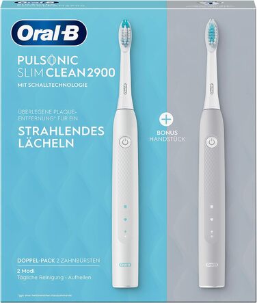 Електрична звукова зубна щітка/електрична зубна щітка Oral-B Pulsonic Slim Clean 2900, подвійна упаковка з 2 щіток, 2 режими чищення для догляду за зубами з таймером, подарунок для неї/нього, сірий/білий