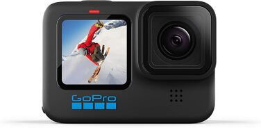 Чорна водонепроникна екшн-камера GoPro HERO10 із РК-дисплеєм на передній панелі та сенсорною задньою панеллю, 5.3K60 Ultra HD Video, 23MP фото, пряма трансляція 1080p, веб-камера, стабілізація