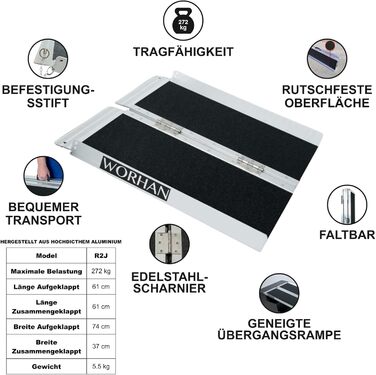 Рампа для інвалідного візка складна 272 кг складна мобільна алюмінієва нековзна рампа для інвалідного візка великий вибір 61 см R2J. 61 см (скласти один раз)