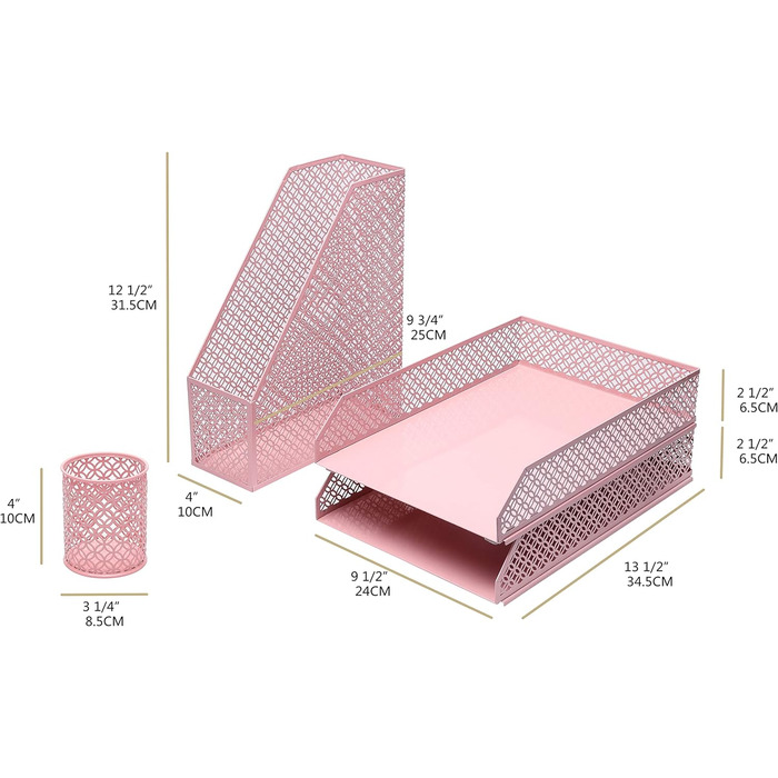 Настільний органайзер EXERZ Офісний набір з 4 предметів/Настільна полиця Металева сітка, включаючи лоток для листів формату А4 x 1, підставка для журналів формату A4 x 1, тримач для листів x1, тримач для ручки x 1 (світло-рожевий) Light Pink F5 2 лотка