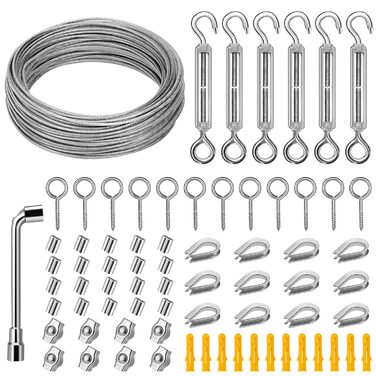 Набір дротяних тросів DIYLAND 35M/2 мм Набір тросів з нержавіючої сталі для витких рослин, Набір для натягу мотузки для підвіски лампи, Мотузка для штор, включаючи натягувач мотузки Затискач для дроту з нержавіючої сталі