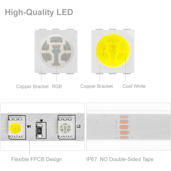 Теплий білий (2700K-3000K) 4 кольори в 1 Світлодіод 5м 60 світлодіодів/м Багатобарвна світлодіодна стрічка IP65 Силіконове покриття Водонепроникна біла друкована плата DC12V для прикраси інтер'єру (RGBхолодний білий, IP67), 5050 RGBW RGB