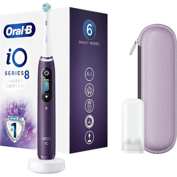 Електрична зубна щітка Oral-B iO Series 8, акумуляторна, з 1 ручкою зі штучним інтелектом, 1 щіткою та 1 дорожнім кейсом преміум класу фіолетовий 1 шт. (1 упаковка)