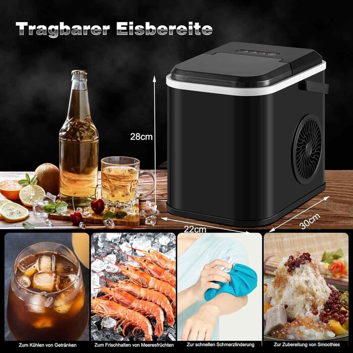 Кг/24 години, резервуар для води 1 літр, функція самоочищення, Ice Machine Quiet Ice Maker ABS, чорнийбілий, 12