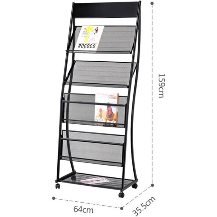 Підлогова стійка для журналів Підлогова 4-шарова стійка на колесах, стійка для брошур, інформаційна стійка з високоміцного металу, мобільна стійка для газет в рекламних цілях Інформаційна стійка чорна