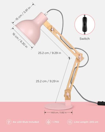 Настільна лампа Tomons, Світлодіодна настільна лампа в класичному дерев'яному дизайні, Приліжкова лампа, Лампа з регульованим кронштейном, Настільна лампа Вітальня для кімнати Офіс, (рожевий)