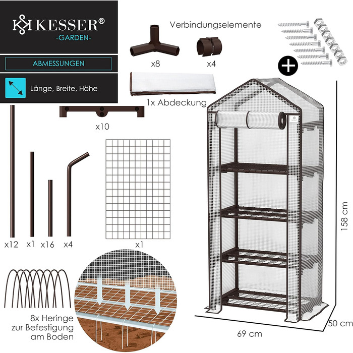 Теплиця з плівки KESSER Premium на 4 поверхи - Теплиця 69 x 50 x 158 см з 4 полицями - компактна, високоякісна культиваційна будиночок, сад, балкон, стабільний і простий у монтажі