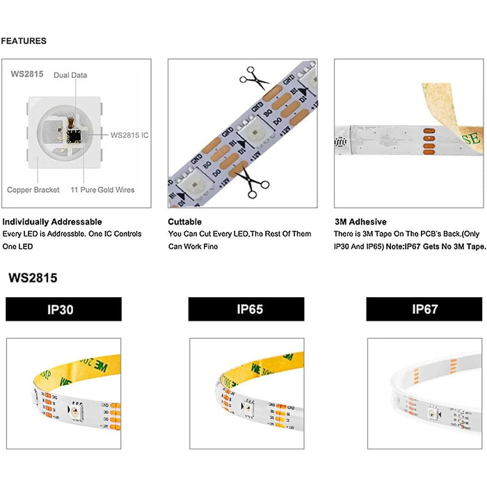 Світлодіодна піксельна стрічка Індивідуально адресований світлодіодний подвійний сигнал IP30 5m 60 світлодіодів Піксельна біла друкована плата, 2815 DC 12V RGB