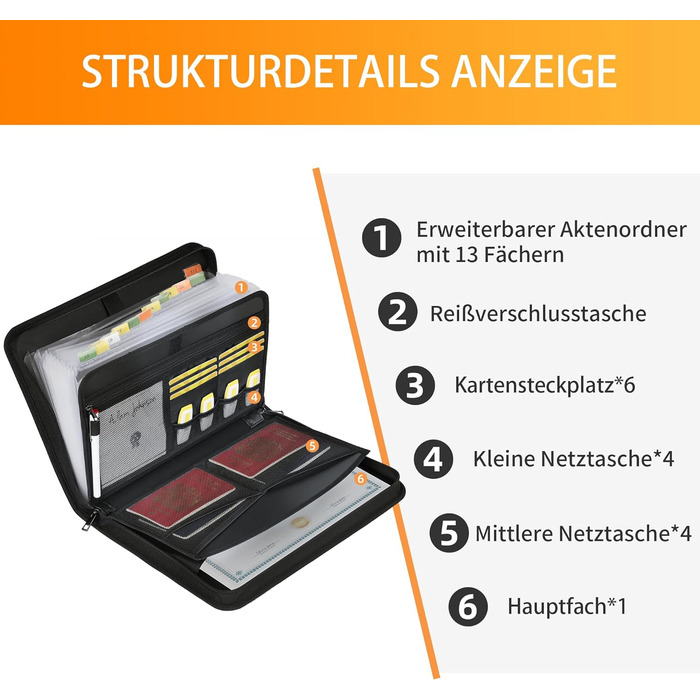 Папка для документів A4 з 13 відділеннями та кількома відділеннями - Вогнетривка сумка для документів із застібкою-блискавкою та етикетками - для файлів формату А4 Закордонний паспорт Квитанція та інше (чорний) L Прозора гармошка з 13 кишенями Чорний, 4 -