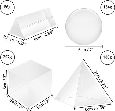 Кришталеві призми трикутник, сфера, піраміда, куб - спектрометр зі скляною призмою з сумкою, тканиною з мікрофібри та подарунковою коробкою - Кришталеве скло світловий спектр веселка фотографії, 4 шт., K9