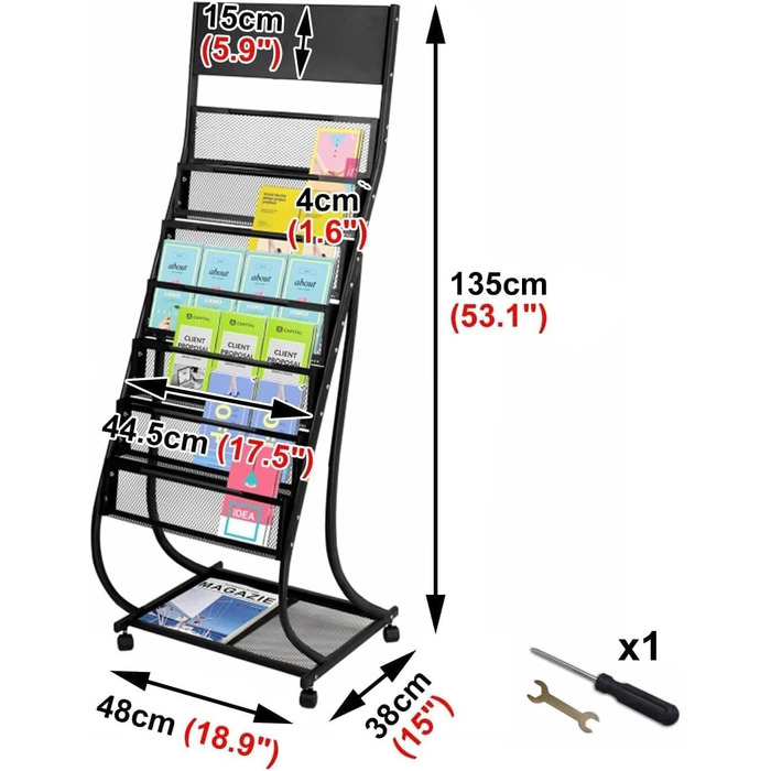 Підлогова підставка для журналів, підставка для журналів, металева, підставка для плакатів на колесах, підставка для брошур, для офісу, банківського залу, багатоцільова підставка (колір чорний)