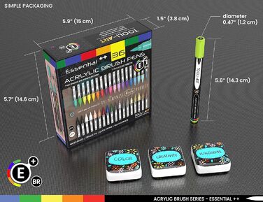 Акрилові кольорові олівці, гнучкий кінчик пензля, волосінь 1-7 мм, наскельний живопис, пензлі, написи, скло, дерево, метал, полотно, тканина, пластик, швидковисихаючі ручки на водній основі, 36 шт.