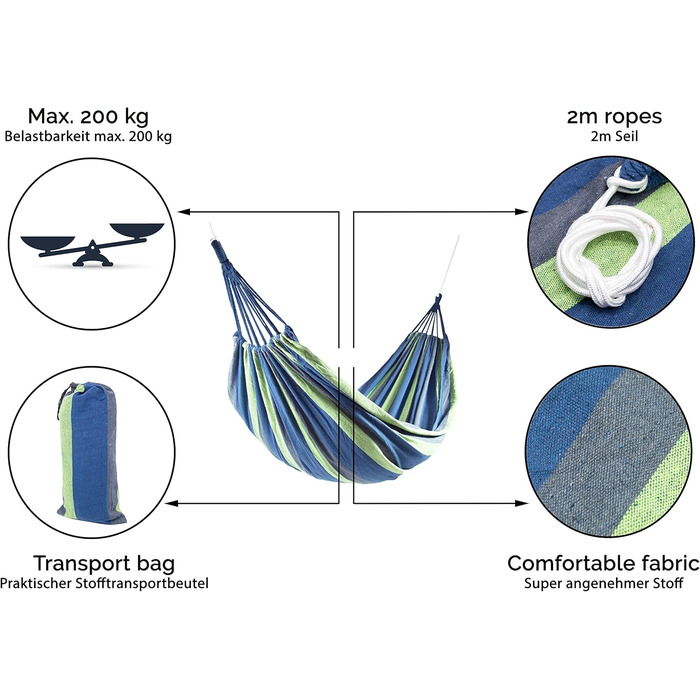 Гамак ZOLLNER 210x150 см - до двох осіб - виготовлений зі змішаної тканини - з практичною сумкою для перенесення - красивий дизайн у смужку - висока вантажопідйомність - в синьому кольорі 210x150 см синій