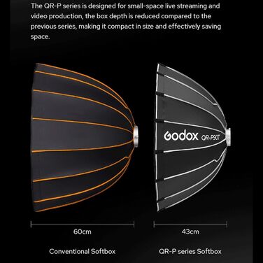 См, Depth Parabolic Quick Release Softbox Grid глибина 56.7 см, GODOX QR-P120T Softbox 120 см для GODOX MS300-V SK400II QT400III QT600III SL60II та Studio Video Light, 120T Softbox 120