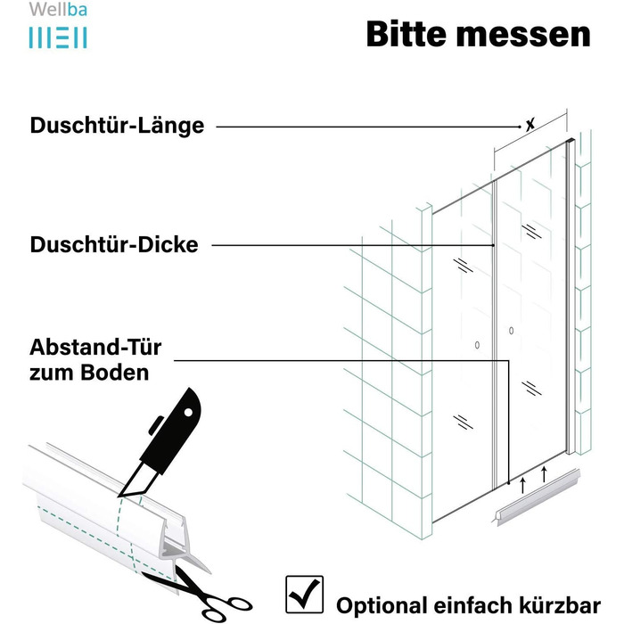 Ущільнювач душових дверей Wellba Premium для прямих скляних дверей товщиною 6 мм 7 мм 8 мм Водовідштовхувальний ущільнювач для душу або ущільнювач душової кабіни з оптимально розташованими гумовими губками (80 см)