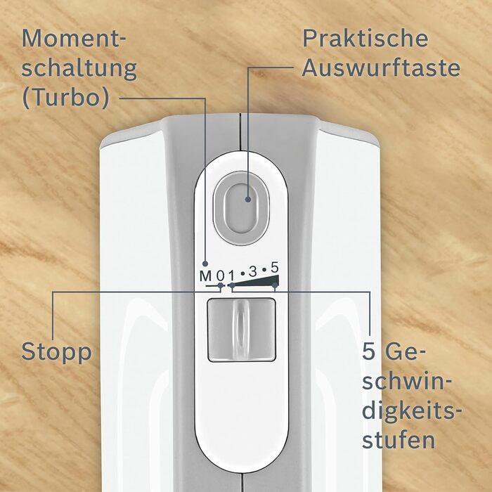 Ручний міксер Bosch Styline MFQ4075DE, 2 вінчика, 2 гачки для тіста з нержавіючої сталі, можна мити в посудомийній машині, ручний блендер, глечик для блендера, 5 рівнів плюс турборежим, 550 Вт, білий/сріблястий