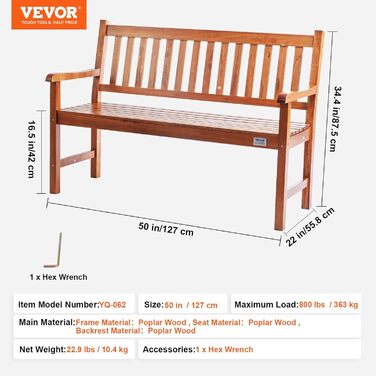 Садова лавка VEVOR Дерев'яна лавка для тераси, лавка для парку 127 см вантажопідйомністю 363 кг, садова та паркова лавка на 3 особи зі спинкою та підлокітниками, вінтажна лавка для саду, парку, двору, веранди тощо.