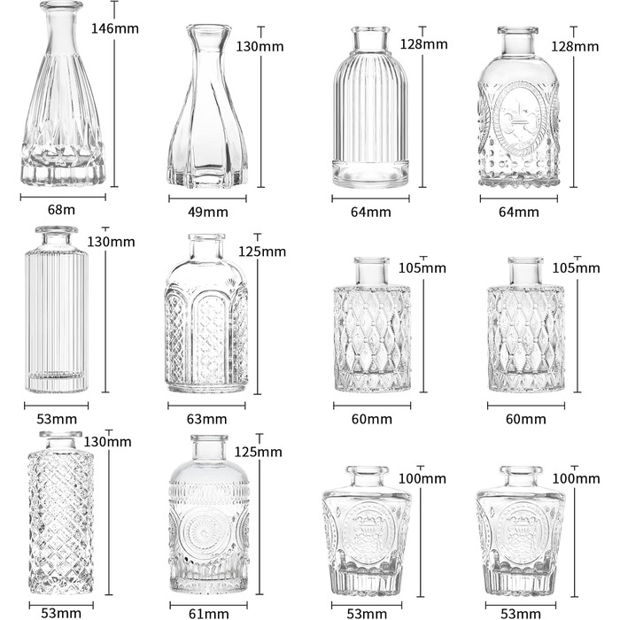 Маленькі вази Набір з 12 міні-ваз Скляна ваза Вінтажні весільні кристали Прозора ваза для квітів Різні розміри Сучасні вузькі скляні вази Прикраса столу Для квітів Прикраса вітальні Ванна кімната Подарунок на День матері Прозорий-12