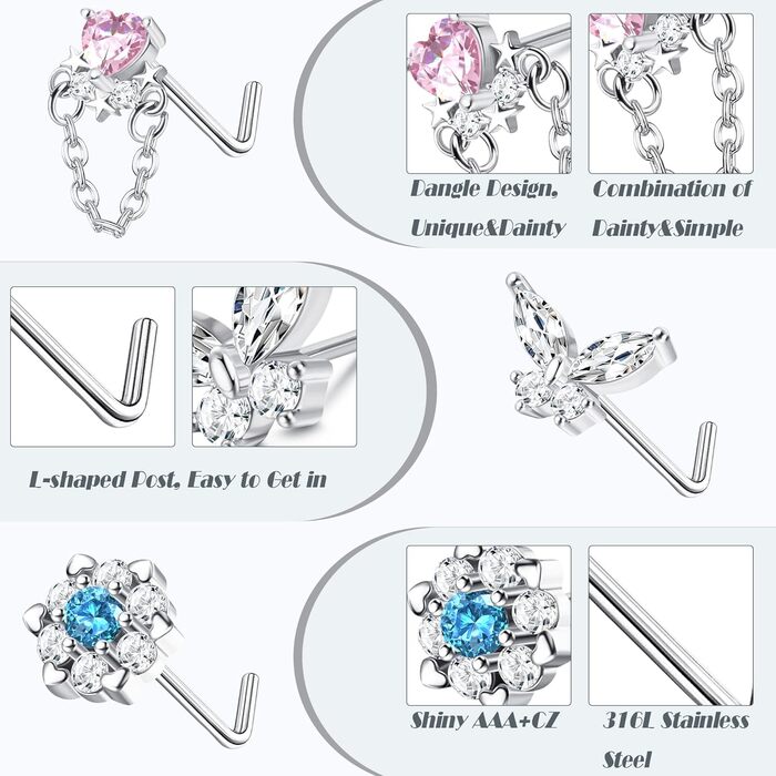 Пробка для пірсингу носа L-подібна носова пробка Штопор бовтається носові кільця для жінок Чоловічі прикраси для пірсингу носа CZ з нержавіючої сталі (Silver-L), 12 шт., 20G